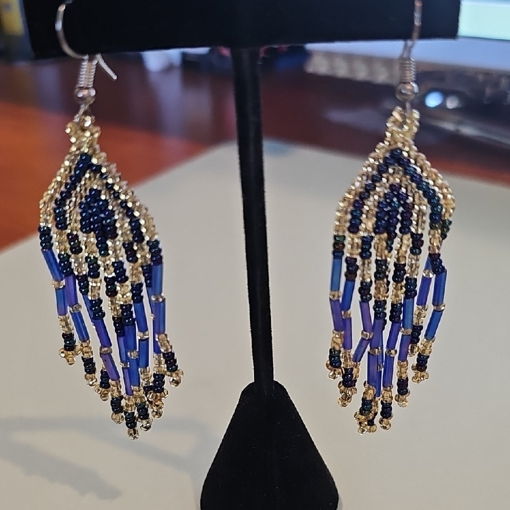 Elegant Beaded Blue and Gold Earrings